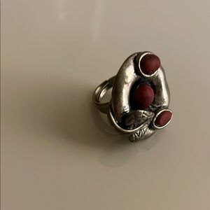 Artisan Silver and Red Stone Ring with Sculptural Design